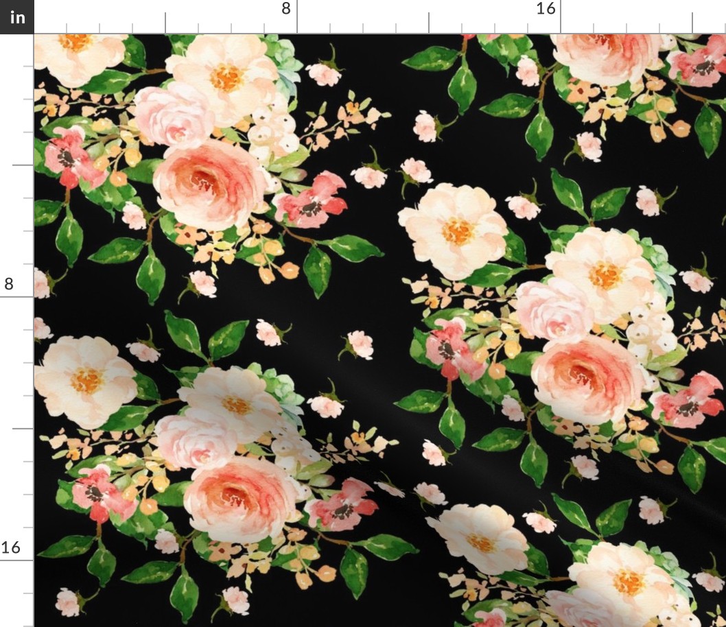 Floral Peach Delight - Black Large Print