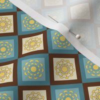 Old-world mandala tile pattern in teal, brown, and gold.