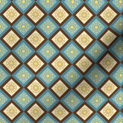 Old-world mandala tile pattern in teal, brown, and gold.