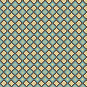 Old-world mandala tile pattern in teal, brown, and gold.