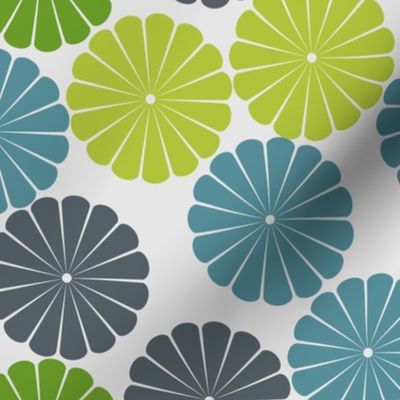 Citrus-slice motifs in lime, teal, and grey for a fresh, playful vibe.