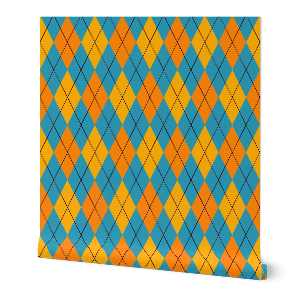 A modern take on classic argyle with orange and teal blue diamonds.