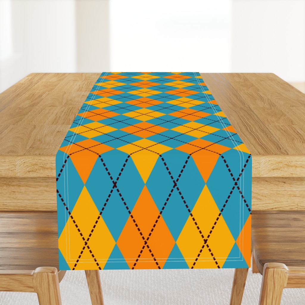 A modern take on classic argyle with orange and teal blue diamonds.