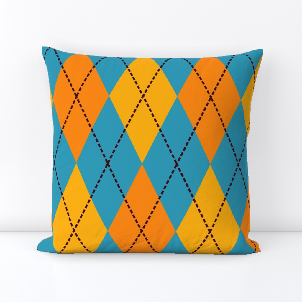 A modern take on classic argyle with orange and teal blue diamonds.