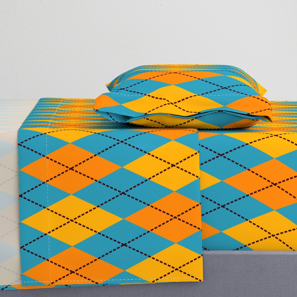 A modern take on classic argyle with orange and teal blue diamonds.