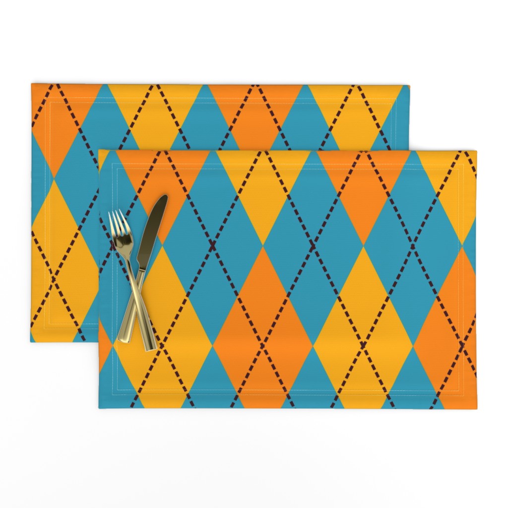 A modern take on classic argyle with orange and teal blue diamonds.