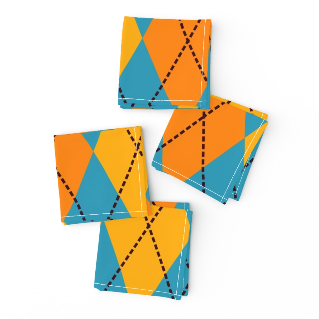 A modern take on classic argyle with orange and teal blue diamonds.