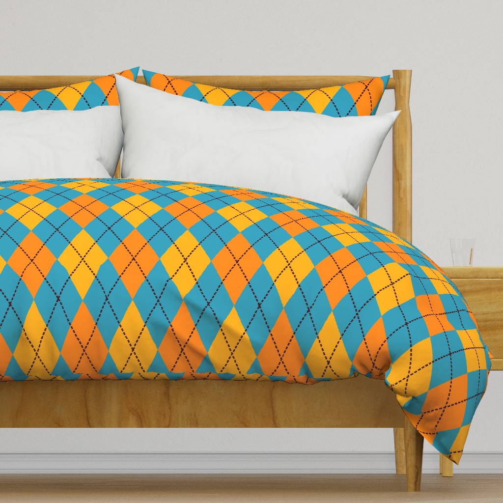 A modern take on classic argyle with orange and teal blue diamonds.