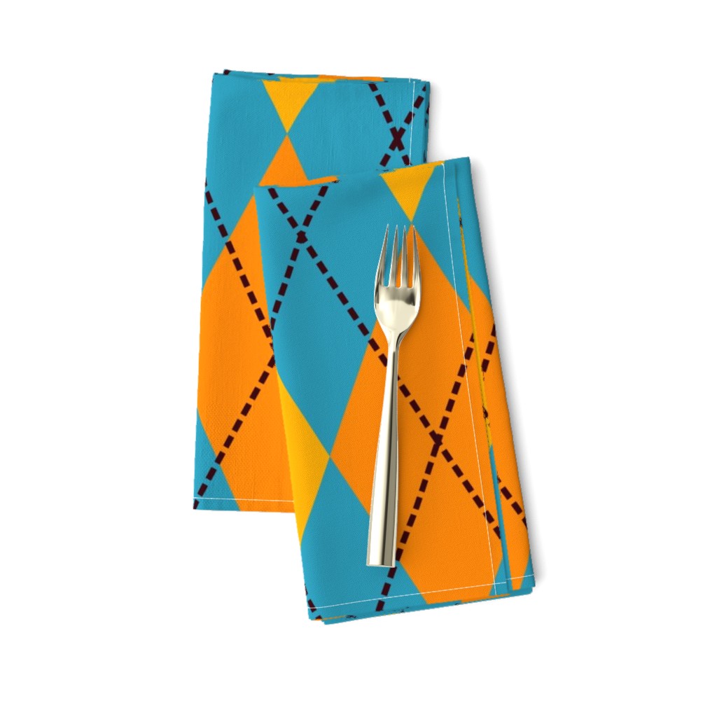 A modern take on classic argyle with orange and teal blue diamonds.