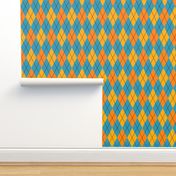 A modern take on classic argyle with orange and teal blue diamonds.