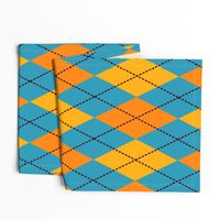 A modern take on classic argyle with orange and teal blue diamonds.