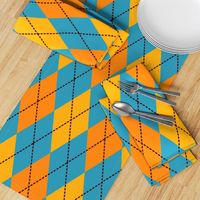 A modern take on classic argyle with orange and teal blue diamonds.