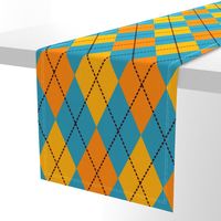 A modern take on classic argyle with orange and teal blue diamonds.