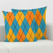 A modern take on classic argyle with orange and teal blue diamonds.