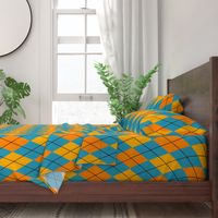 A modern take on classic argyle with orange and teal blue diamonds.