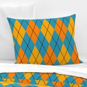 A modern take on classic argyle with orange and teal blue diamonds.