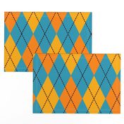 A modern take on classic argyle with orange and teal blue diamonds.