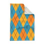 A modern take on classic argyle with orange and teal blue diamonds.