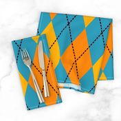 A modern take on classic argyle with orange and teal blue diamonds.