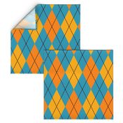 A modern take on classic argyle with orange and teal blue diamonds.