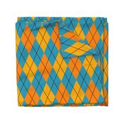 A modern take on classic argyle with orange and teal blue diamonds.