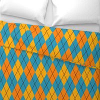 A modern take on classic argyle with orange and teal blue diamonds.