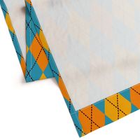 A modern take on classic argyle with orange and teal blue diamonds.