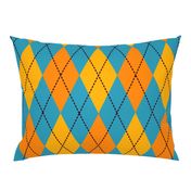 A modern take on classic argyle with orange and teal blue diamonds.