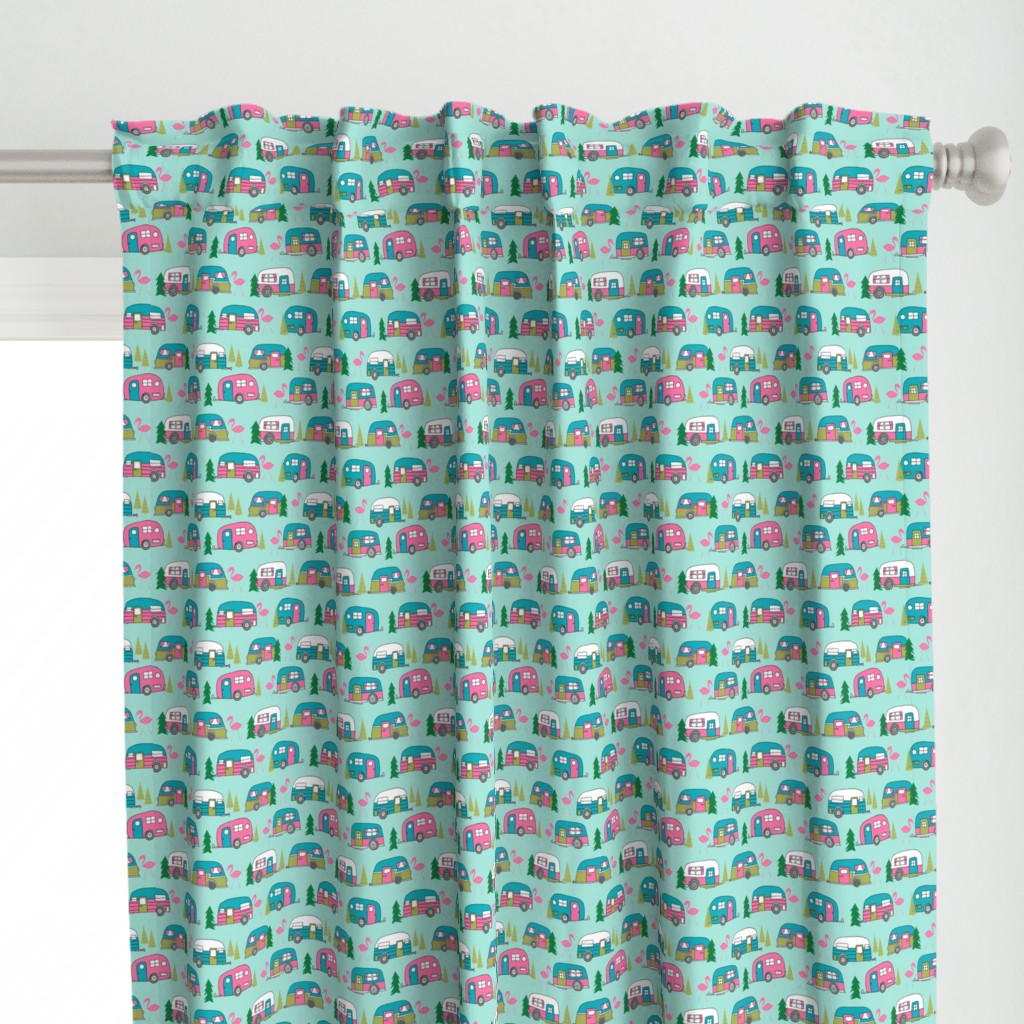 vintage camper // mint and pink vintage campervan fabric cute retro flamingo pattern print andrea lauren design