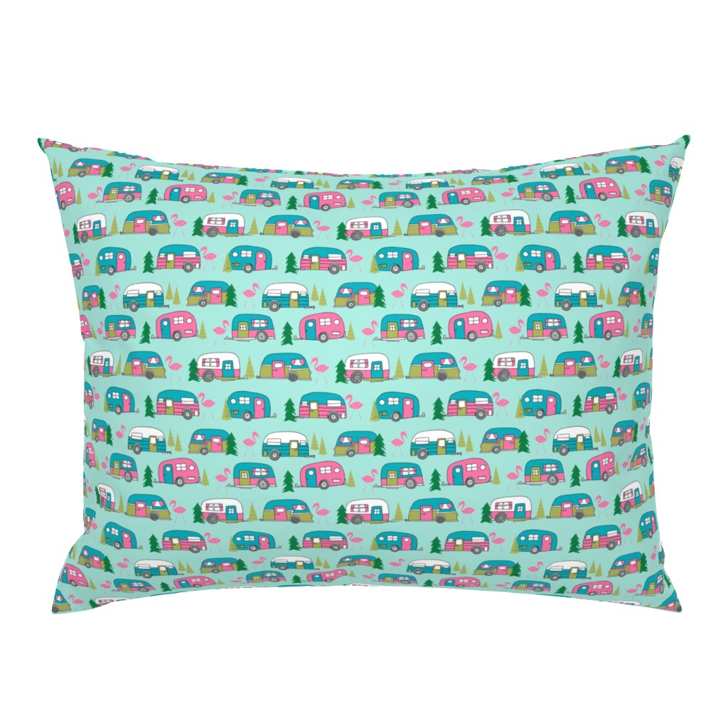 vintage camper // mint and pink vintage campervan fabric cute retro flamingo pattern print andrea lauren design