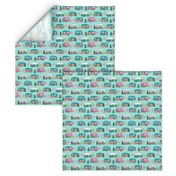 vintage camper // mint and pink vintage campervan fabric cute retro flamingo pattern print andrea lauren design