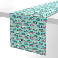 vintage camper // mint and pink vintage campervan fabric cute retro flamingo pattern print andrea lauren design