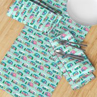 vintage camper // mint and pink vintage campervan fabric cute retro flamingo pattern print andrea lauren design