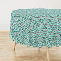 vintage camper // mint and pink vintage campervan fabric cute retro flamingo pattern print andrea lauren design