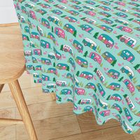 vintage camper // mint and pink vintage campervan fabric cute retro flamingo pattern print andrea lauren design