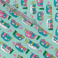 vintage camper // mint and pink vintage campervan fabric cute retro flamingo pattern print andrea lauren design