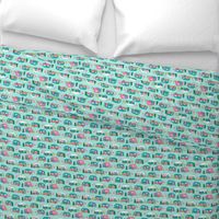 vintage camper // mint and pink vintage campervan fabric cute retro flamingo pattern print andrea lauren design