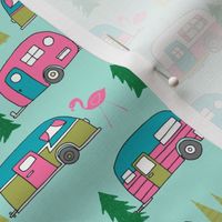 vintage camper // mint and pink vintage campervan fabric cute retro flamingo pattern print andrea lauren design