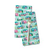 vintage camper // mint and pink vintage campervan fabric cute retro flamingo pattern print andrea lauren design