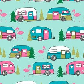 vintage camper // mint and pink vintage campervan fabric cute retro flamingo pattern print andrea lauren design