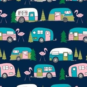 vintage camper // campervan fabric retro flamingo design cute retro campervan fabric andrea lauren pink and navy design