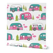 vintage camper // lime green and pink vintage camper van retro summer flamingo camping fabric andrea lauren design
