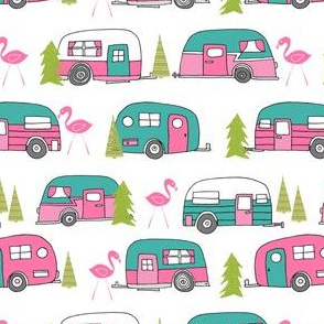 vintage camper // lime green and pink vintage camper van retro summer flamingo camping fabric andrea lauren design