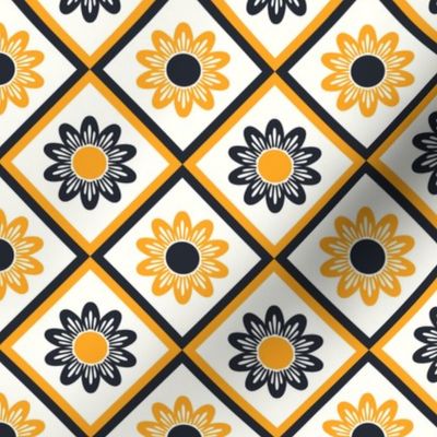 Retro yellow florals in a geometric black-diamond grid on white.