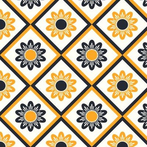 Retro yellow florals in a geometric black-diamond grid on white.