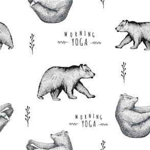  Hand drawn black and white illustration of yoga bear pattern. 