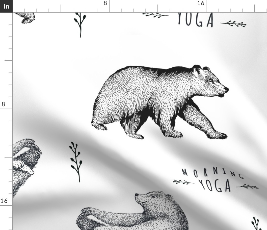  Hand drawn black and white illustration of yoga bear pattern. 