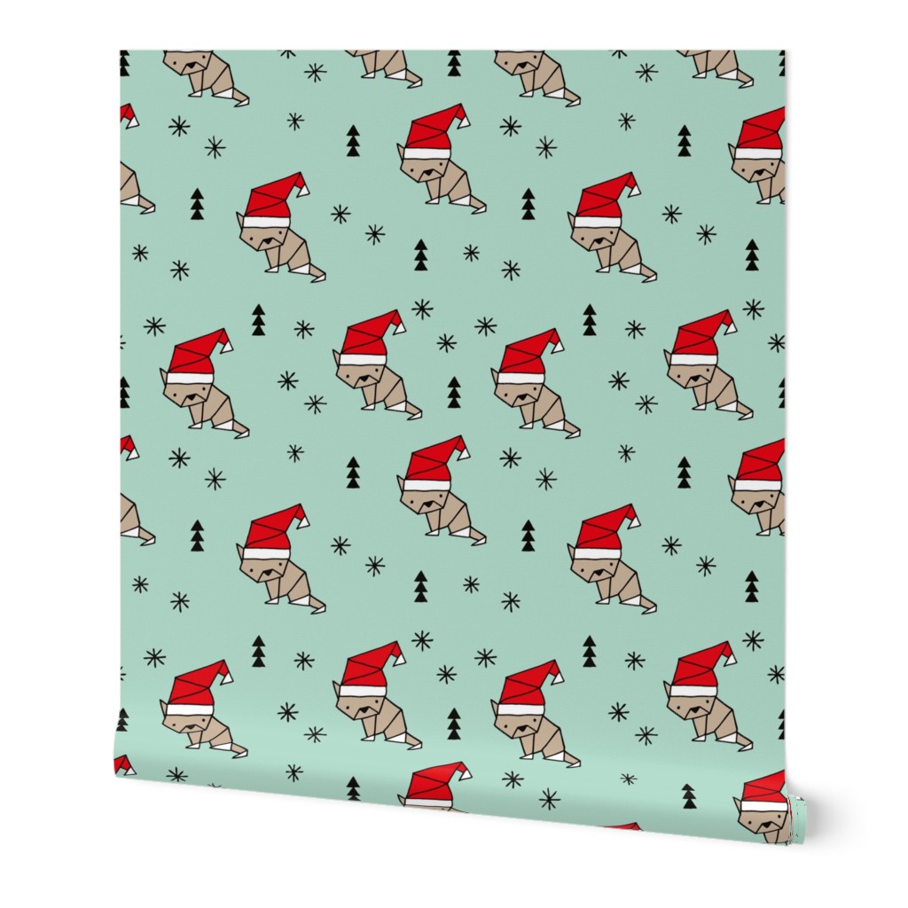 Christmas kitten origami cat with a santa hat happy holidays fabric mint gender neutral