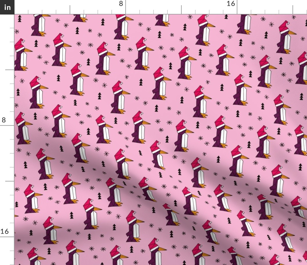 Christmas penguins origami penguin with a santa hat happy holidays fabric pink girls