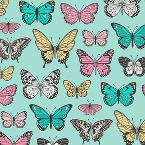 Butterflies Butterfly Nature Fabric On  Mint Green